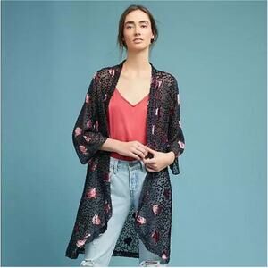 Anthropologie Floreat Velvet Floral Kimono Black Sheer Swiss Dot One Size